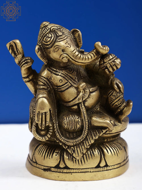 3" Small Brass Lord Ganesha Seated Lotus Idol for Pooja