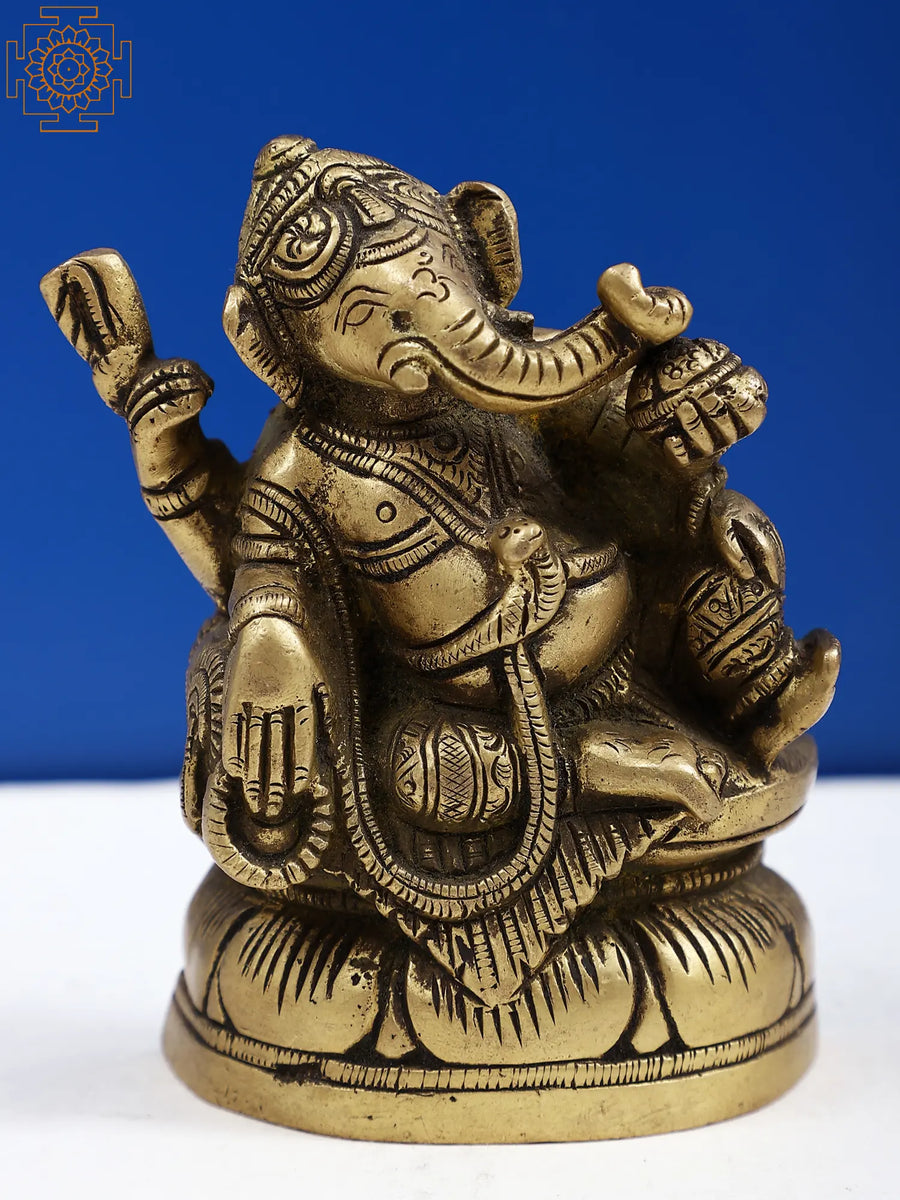 3" Small Brass Lord Ganesha Seated Lotus Idol for Pooja