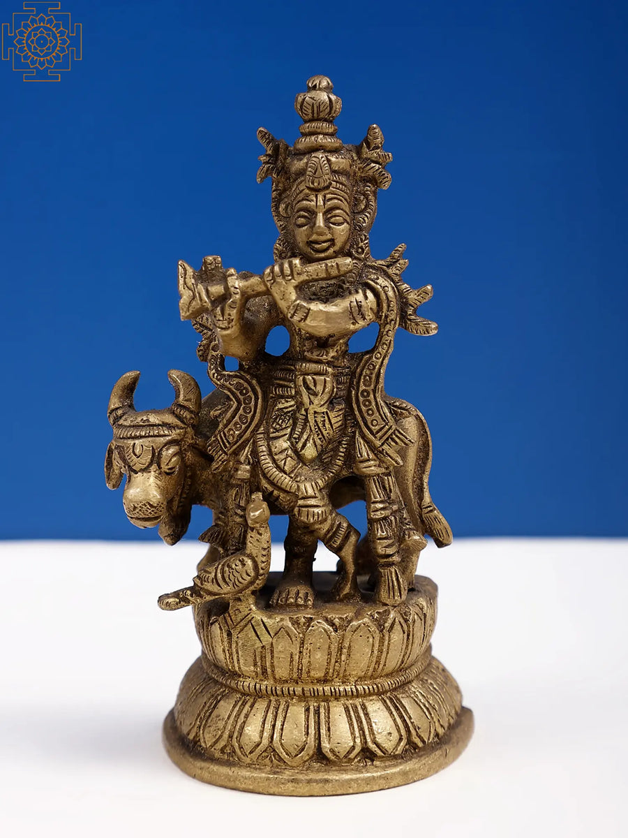 4" Brass Lord Krishna Playing Flute Idol with Cow