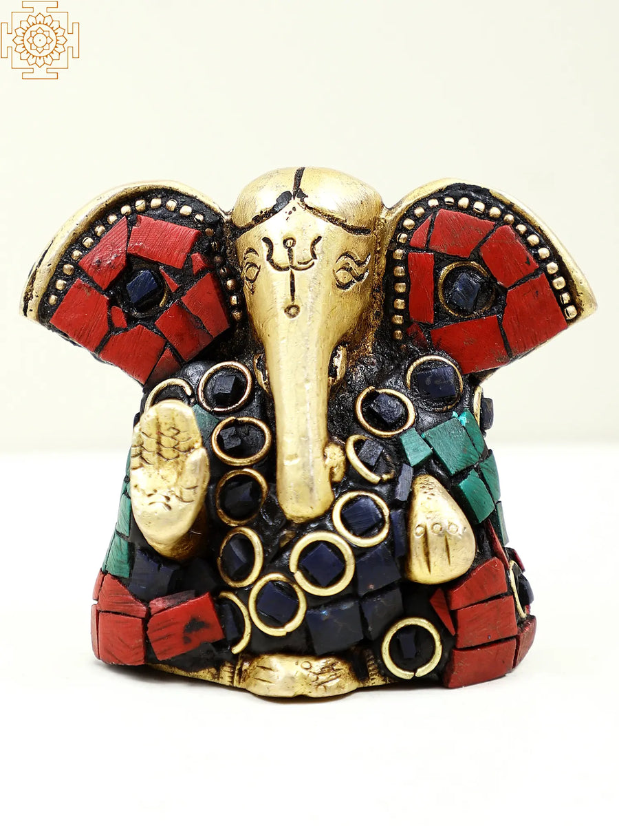 2" Small Brass Ganesha Idol with Inlay Work for Pooja