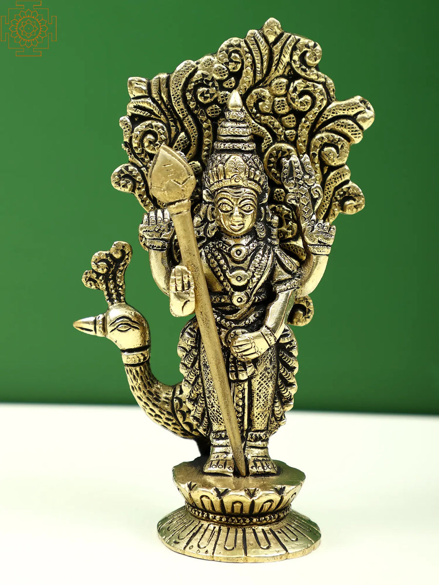 5" Brass Lord Kartikeya Standing Statue with Peacock