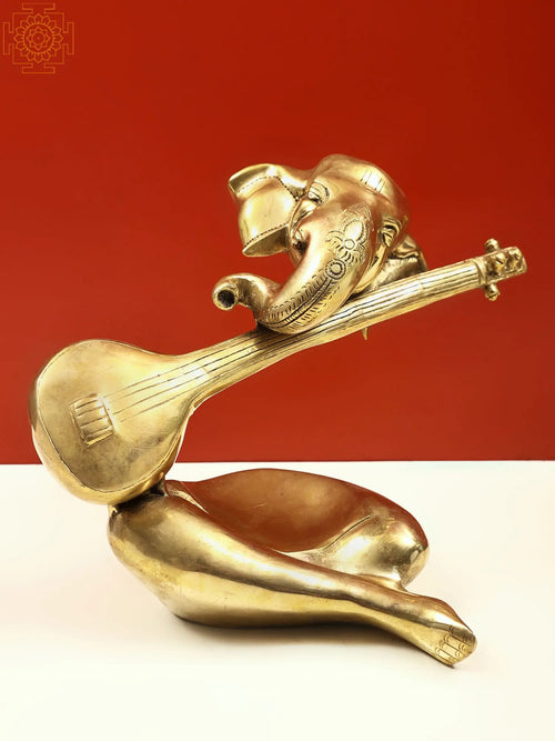 9" Handmade Musical Ganesha Brass Statue Playing Sitar