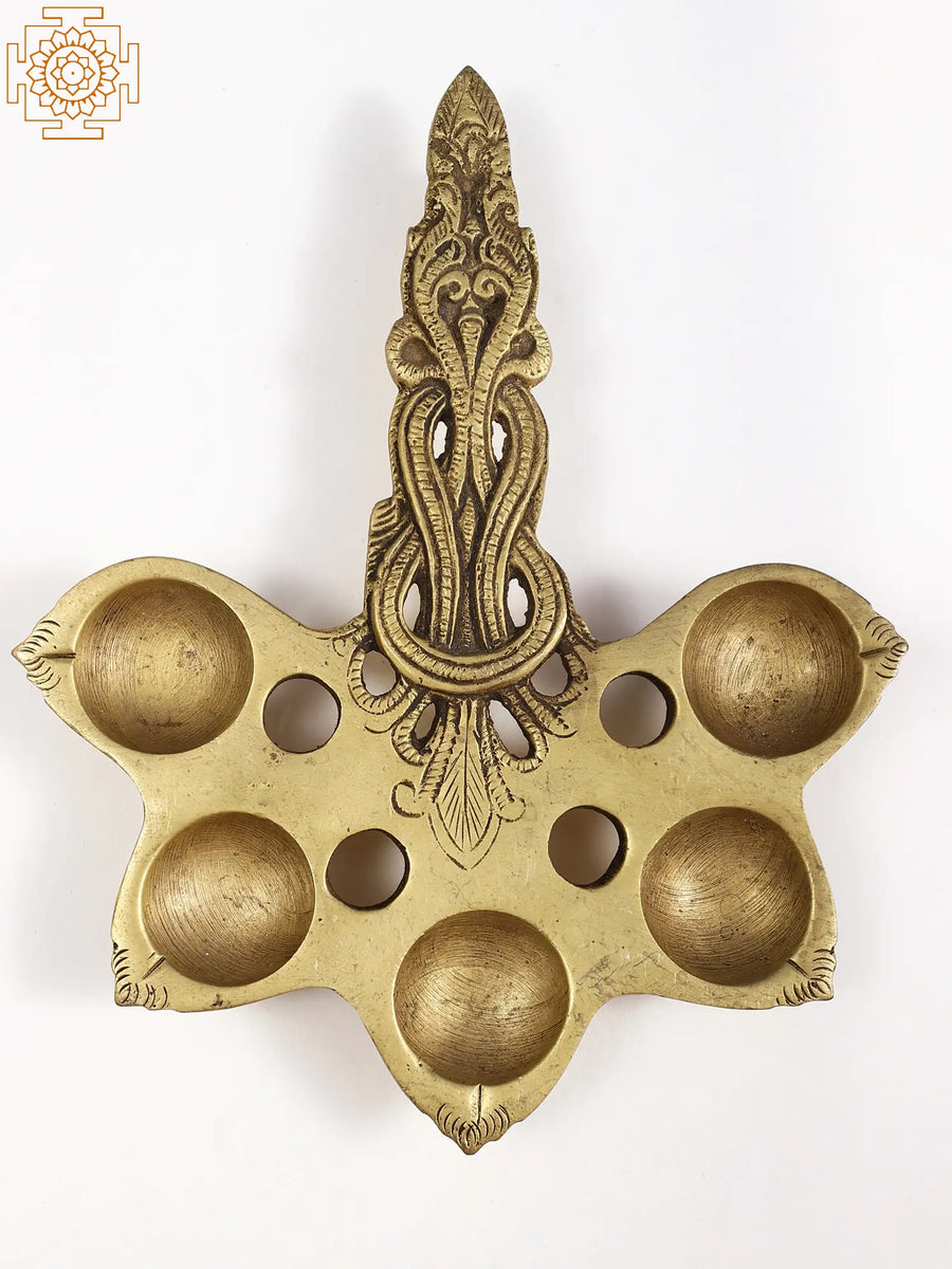 7" Brass Five Wicks Handheld Arti Lamp for Pooja