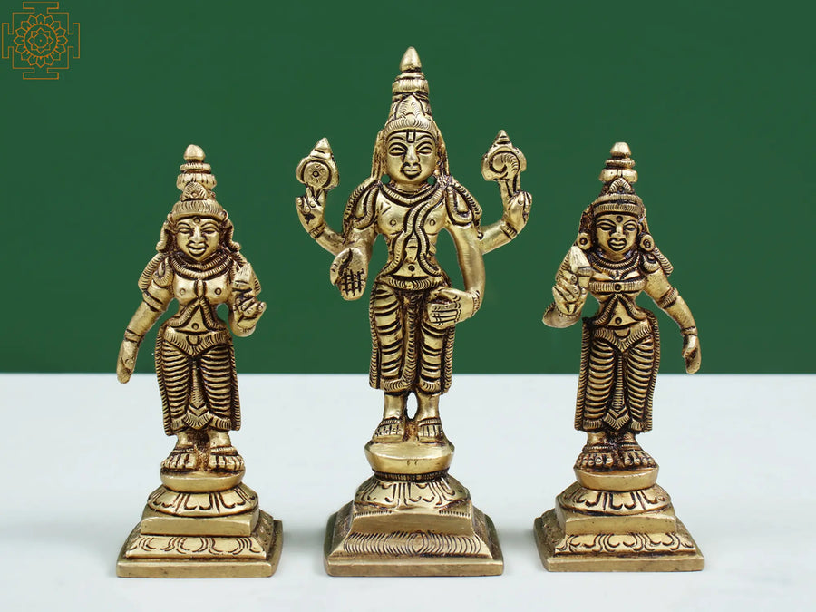 4" Brass Lord Vishnu Handmade Statue with Shridevi and Bhudevi