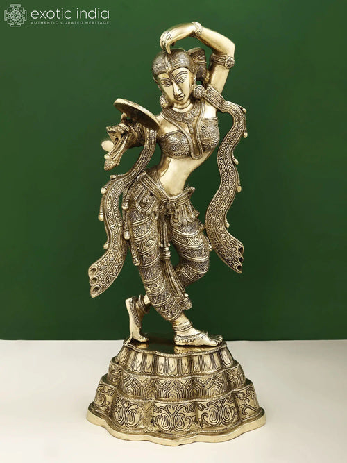14" Brass Young Lady Applying Vermilion Statue Inspired by Khajuraho