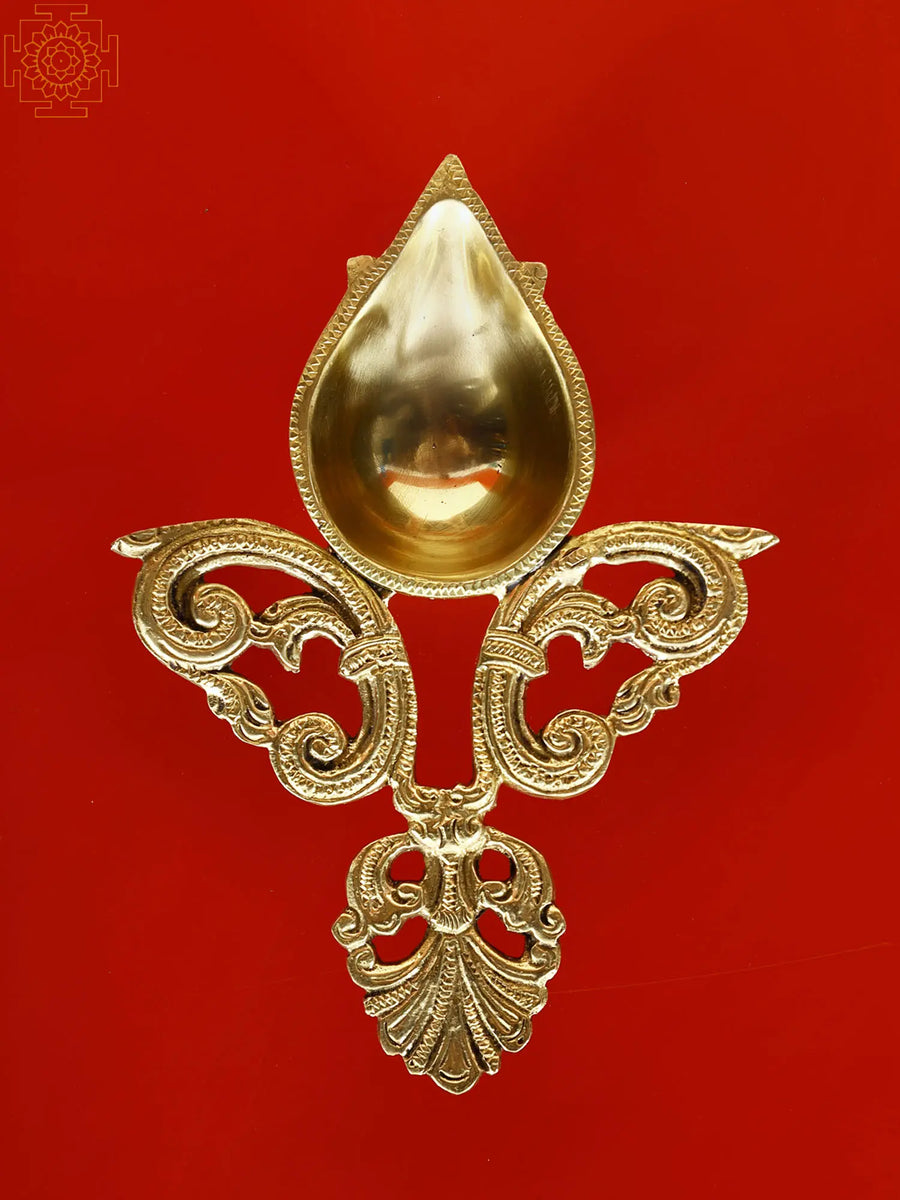 6" Brass Aarti Diya Handmade Hoysala-Inspired Hand-Held Lamp
