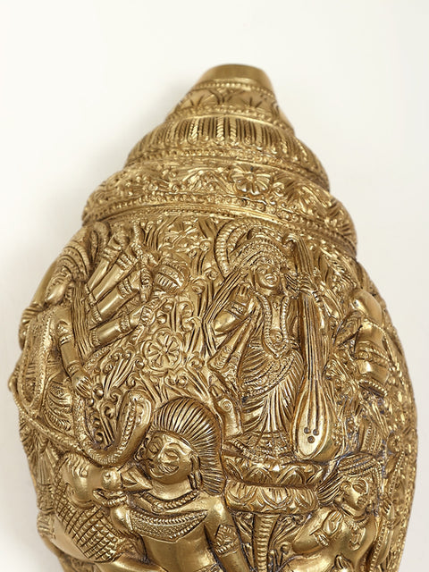 9" Brass Durga Story Carving on Brass Conch Wall Hanging