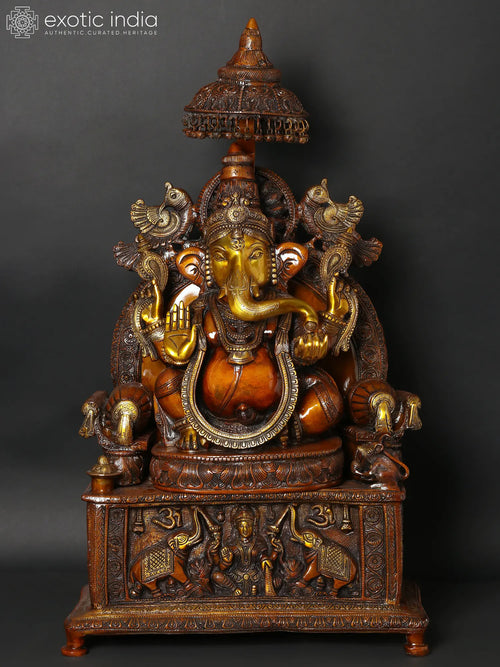 34" Large King Ganesha with Gaja Lakshmi Brass Statue Carved Pedestal