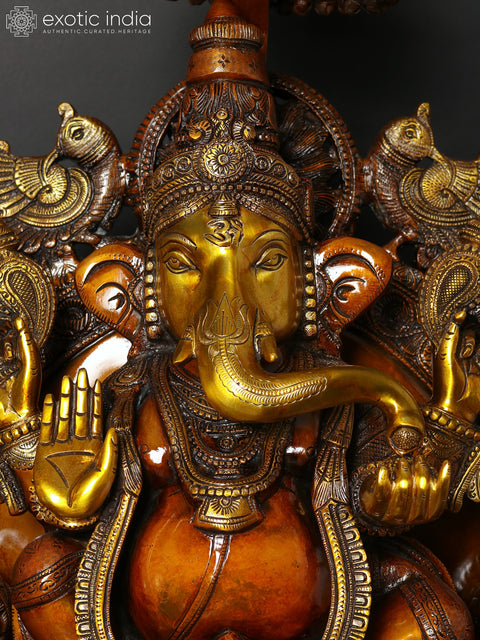 34" Large Superfine Large King Ganesha with Gaja Lakshmi Carved in Pedestal