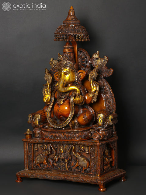 34" Large Superfine Large King Ganesha with Gaja Lakshmi Carved in Pedestal