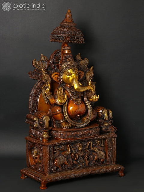 34" Large Superfine Large King Ganesha with Gaja Lakshmi Carved in Pedestal