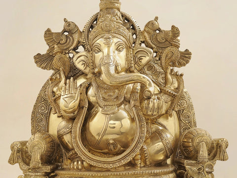 34" Large Superfine Large King Ganesha with Gaja Lakshmi Carved in Pedestal