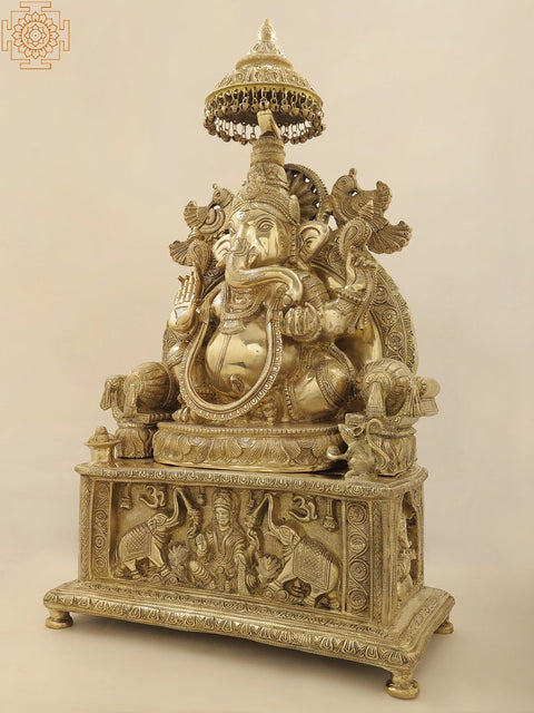 34" Large Superfine Large King Ganesha with Gaja Lakshmi Carved in Pedestal