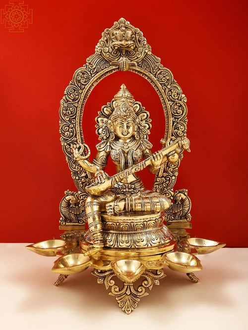 18" Brass Goddess Saraswati Statue with Diya for Pooja