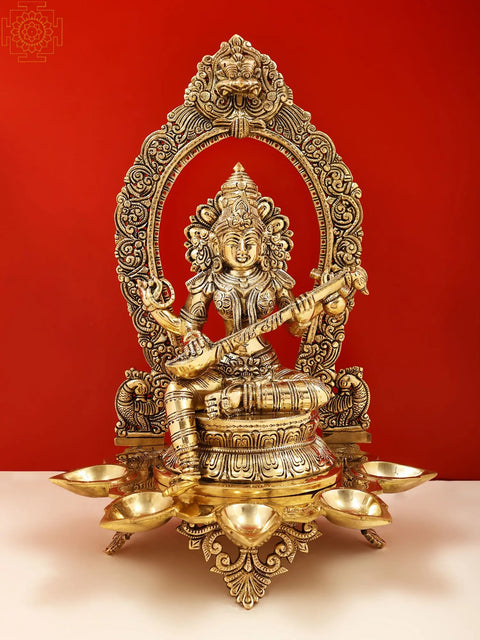 18" Brass Superfine Goddess Saraswati with Diya