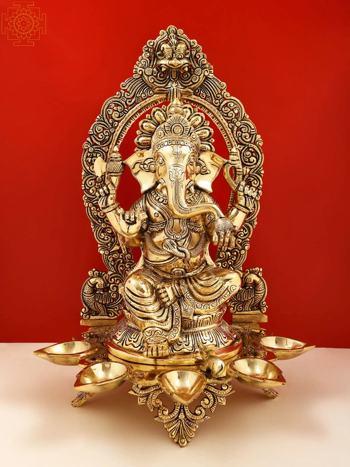 18" Brass Lord Ganesha Idol with Diya for Pooja