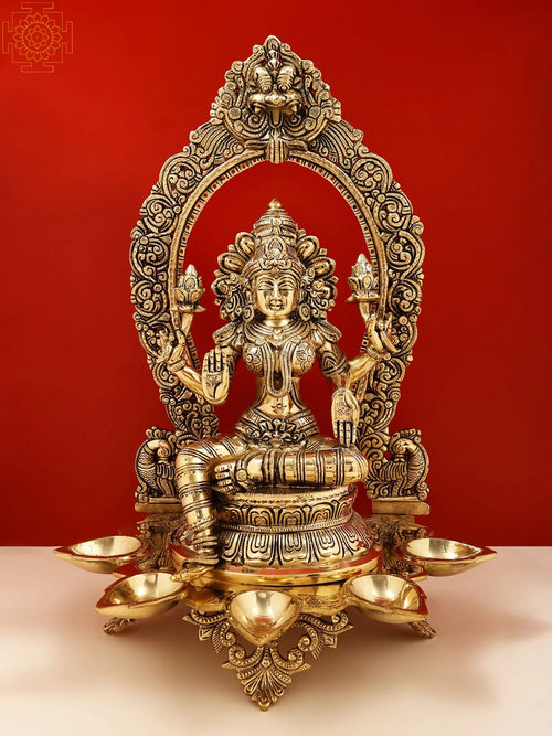 18" Brass Goddess Lakshmi Statue with Diya for Pooja