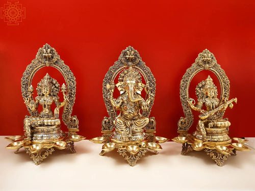 18" Brass Handmade Ganesha Lakshmi Saraswati Statue Set