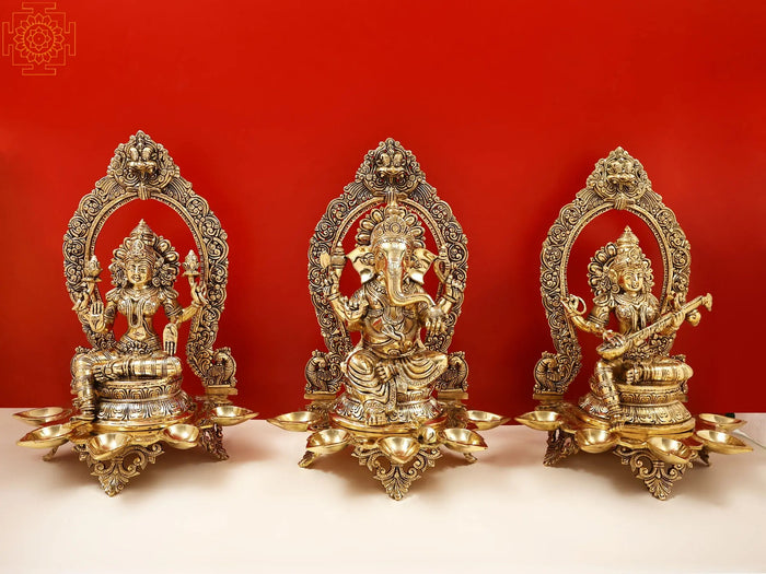 18" Brass Handmade Ganesha Lakshmi Saraswati Statue Set