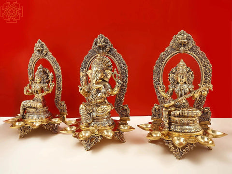 18" Brass Superfine Ganesha Lakshmi and Saraswati (Set of Three Statues)