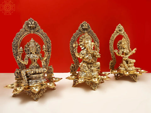 18" Brass Superfine Ganesha Lakshmi and Saraswati (Set of Three Statues)