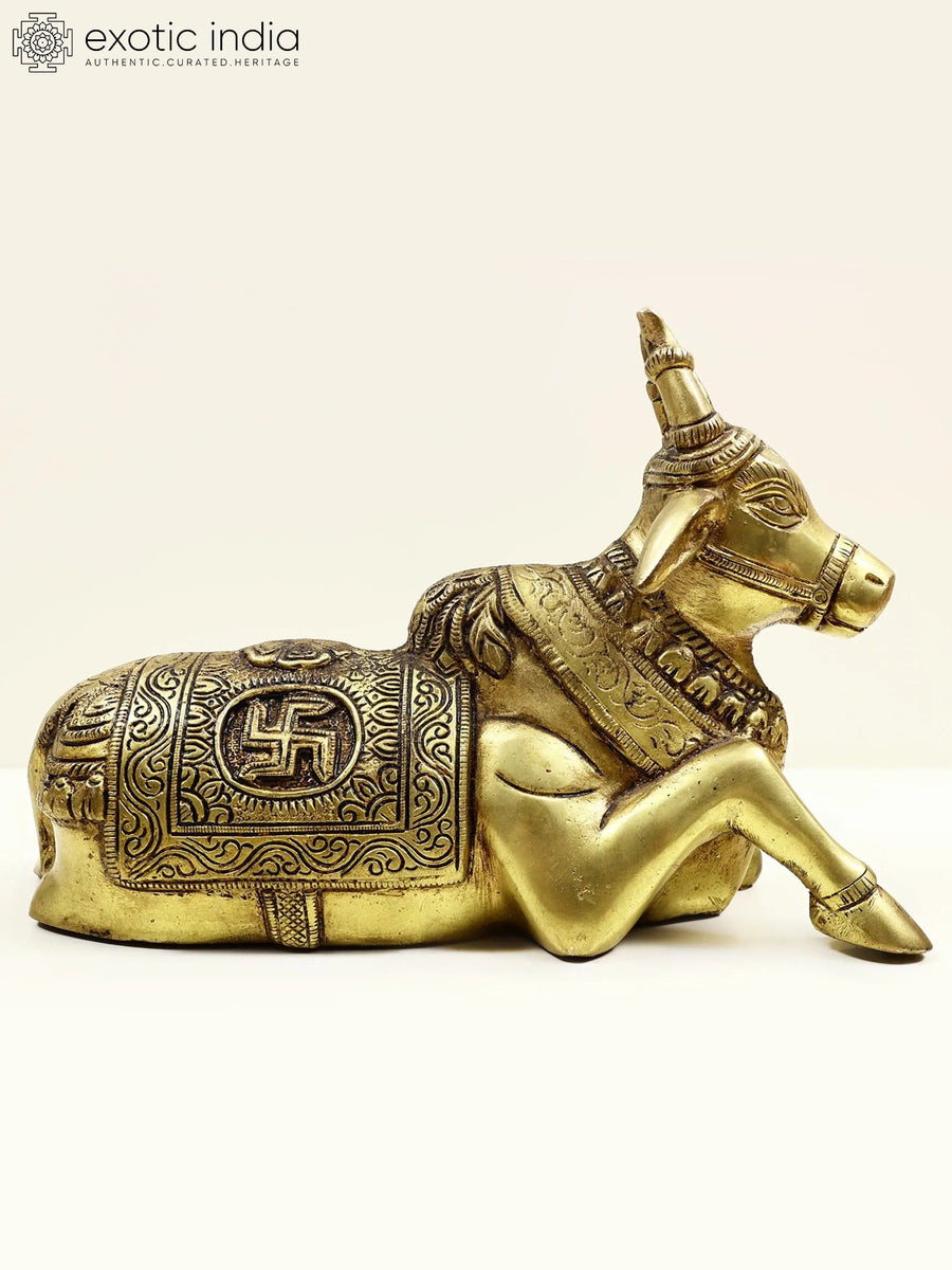 10" Brass Engraved Nandi Idol for Pooja