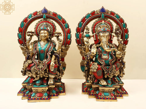 22" Brass Ganesha and Lakshmi Idol Pair with Kirtimukha Prabhavali
