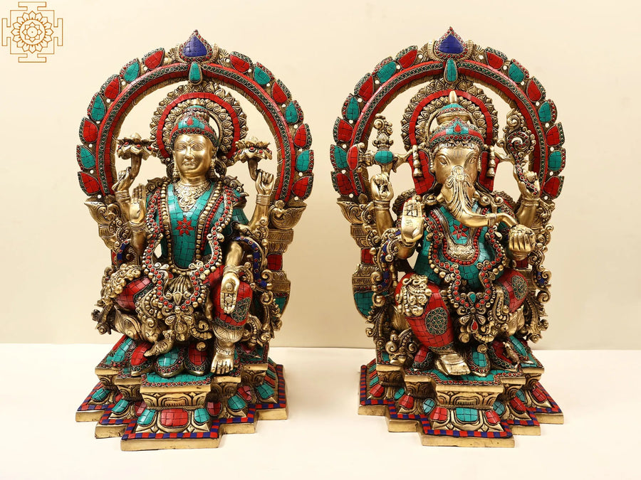 22" Brass Ganesha and Lakshmi Idol Pair with Kirtimukha Prabhavali