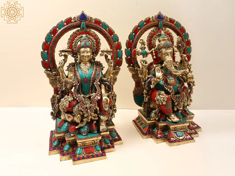 22" Brass Lord Ganesha and Goddess Lakshmi (Pair) with Kirtimukha Prabhavali