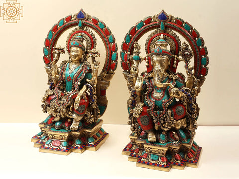 22" Brass Lord Ganesha and Goddess Lakshmi (Pair) with Kirtimukha Prabhavali