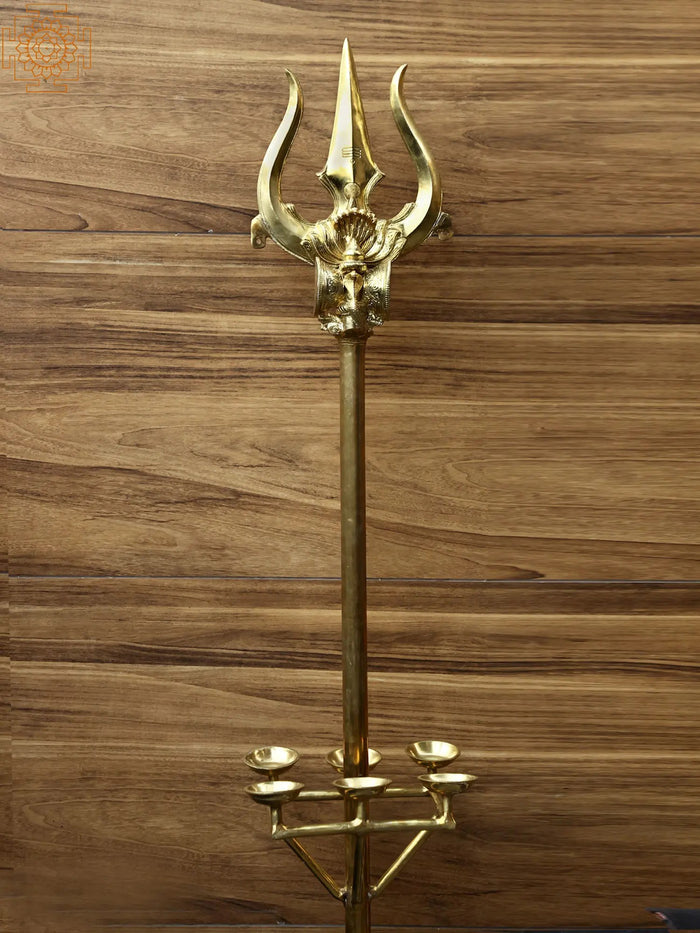 84" Large Brass Shiva's Trident / Trishul with Diya
