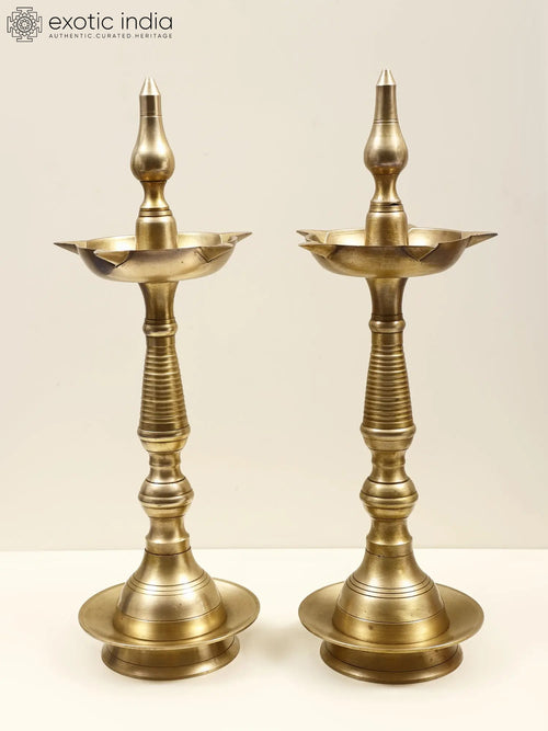 13" Brass Five Wick Diwali Lamp Pair for Pooja