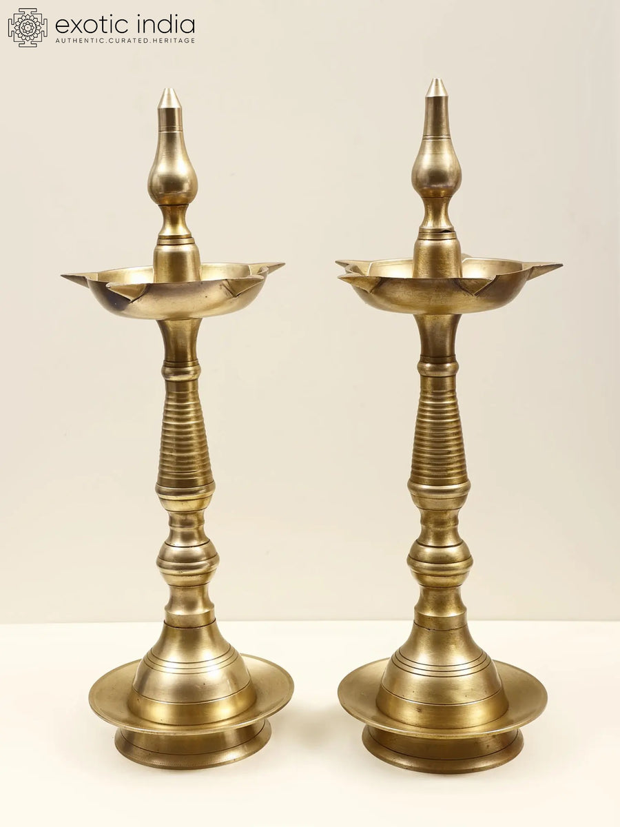 13" Brass Five Wick Diwali Lamp Pair for Pooja