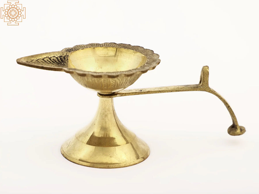 6" Brass Aarti Diya with Handle for Pooja
