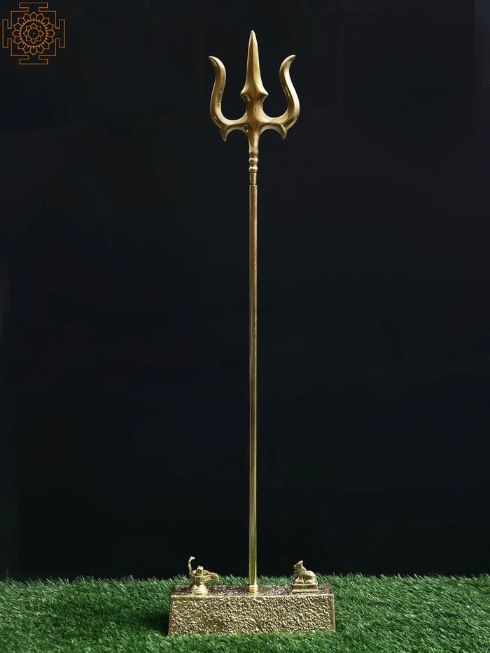 47" Large Brass Shiva's Trident (Trishul) with Trishul Stand