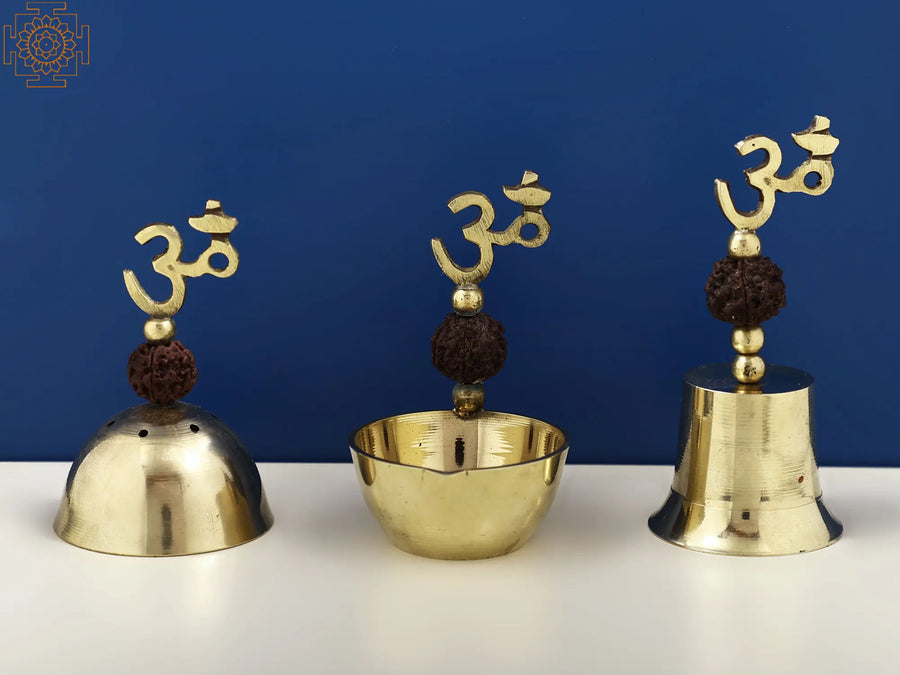 Small Brass Puja Set with Diya, Bell and Incense Burner