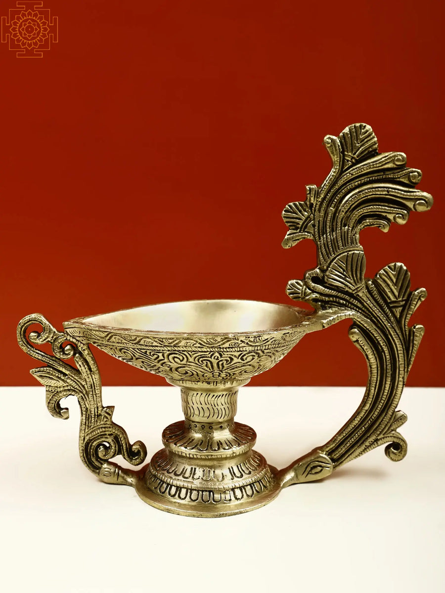 8" Brass Diya with Handle for Pooja