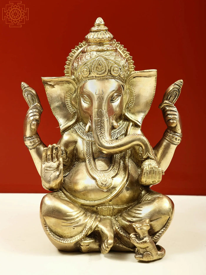 7" Brass Seated Lord Ganesha Idol for Pooja