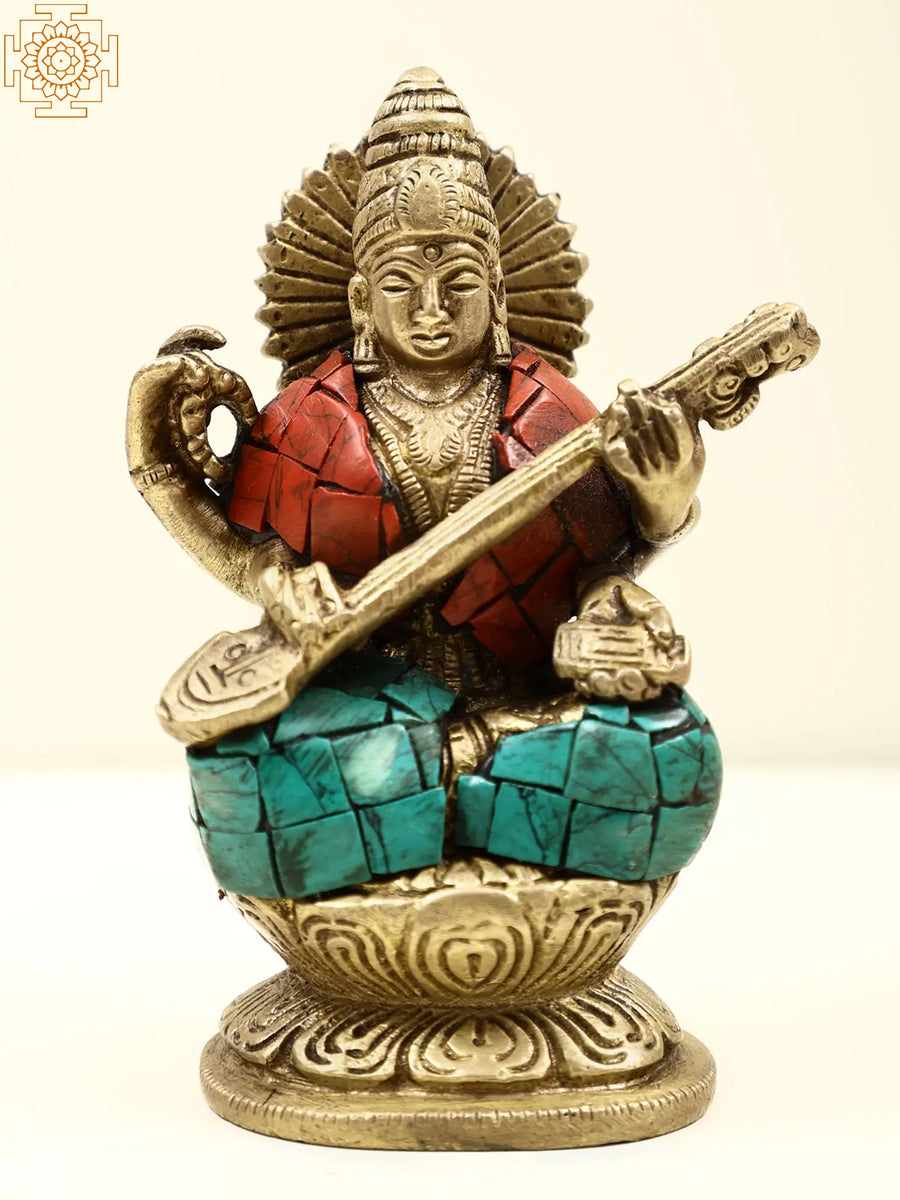 4" Brass Goddess Saraswati Idol with Inlay Work for Pooja