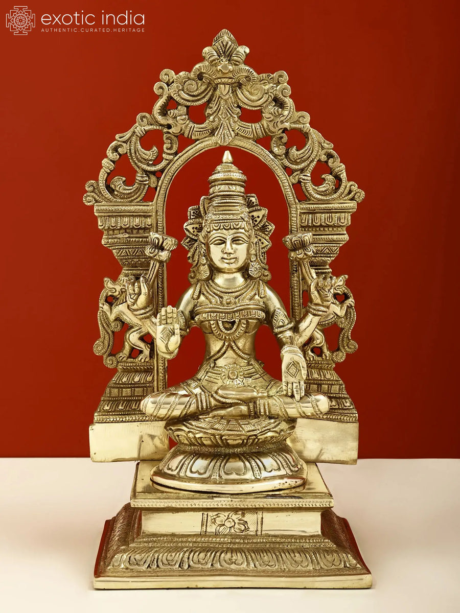 12" Handmade Brass Sitting Goddess Lakshmi with Kirtimukha Prabhavali
