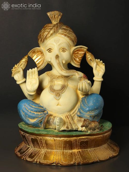 13" Turbaned Ganesha Brass Statue for Home Pooja
