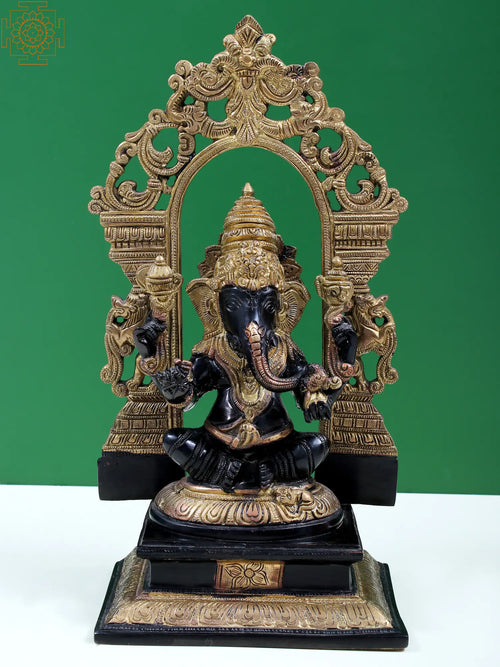 12" Brass Sitting Ganesha Idol with Kirtimukha Prabhavali