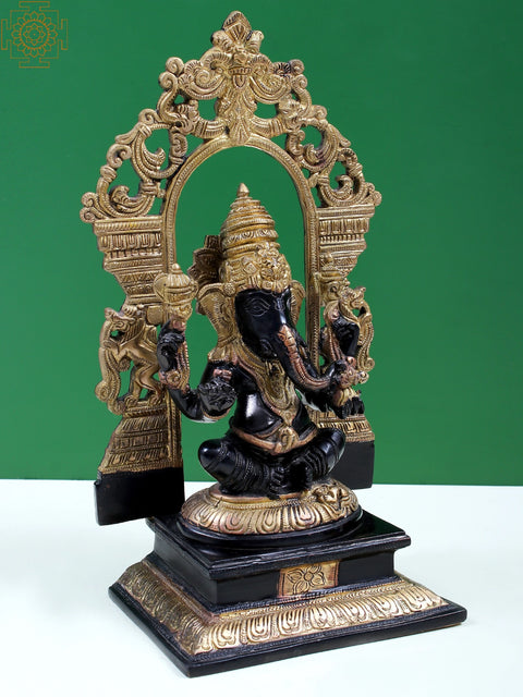 12" Brass Sitting Lord Ganesha with Kirtimukha Prabhavali