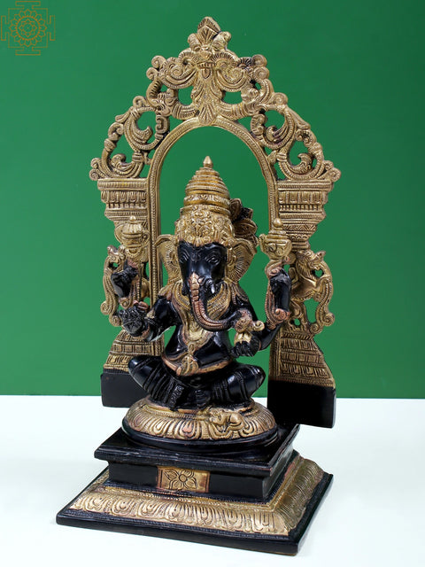 12" Brass Sitting Lord Ganesha with Kirtimukha Prabhavali