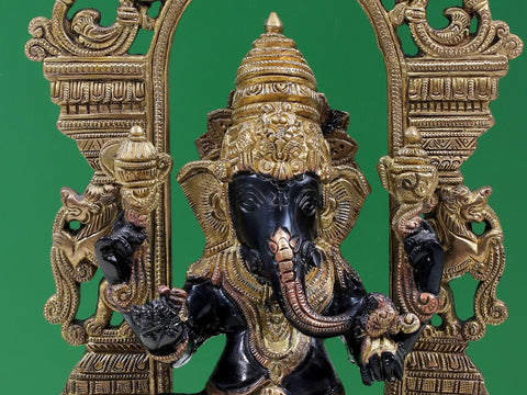 12" Brass Sitting Lord Ganesha with Kirtimukha Prabhavali