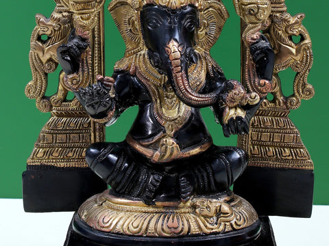 12" Brass Sitting Lord Ganesha with Kirtimukha Prabhavali