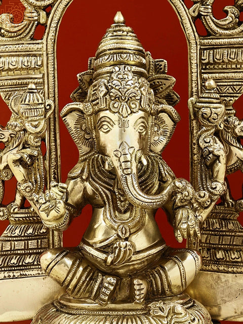 12" Brass Sitting Lord Ganesha with Kirtimukha Prabhavali