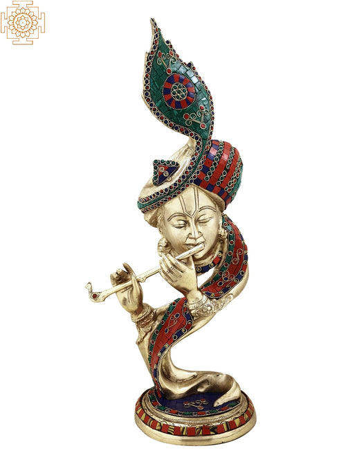 20" Brass Lord Krishna Head Statue with Inlay Work