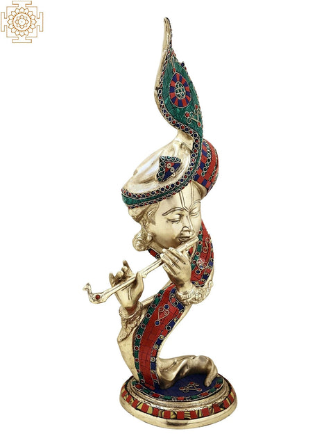20" Brass Lord Fluting Krishna Head with Inlay Work