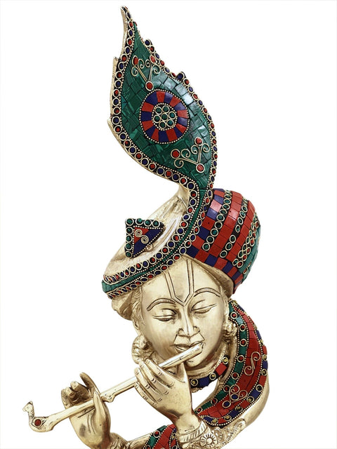 20" Brass Lord Fluting Krishna Head with Inlay Work